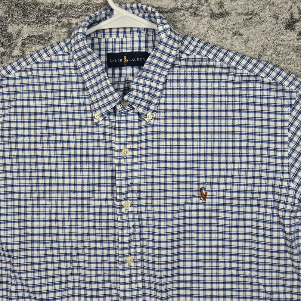 Ralph Lauren Button Down Shirt Mens 2XL Blue White Plaid Short Sleeve Flesh Pony